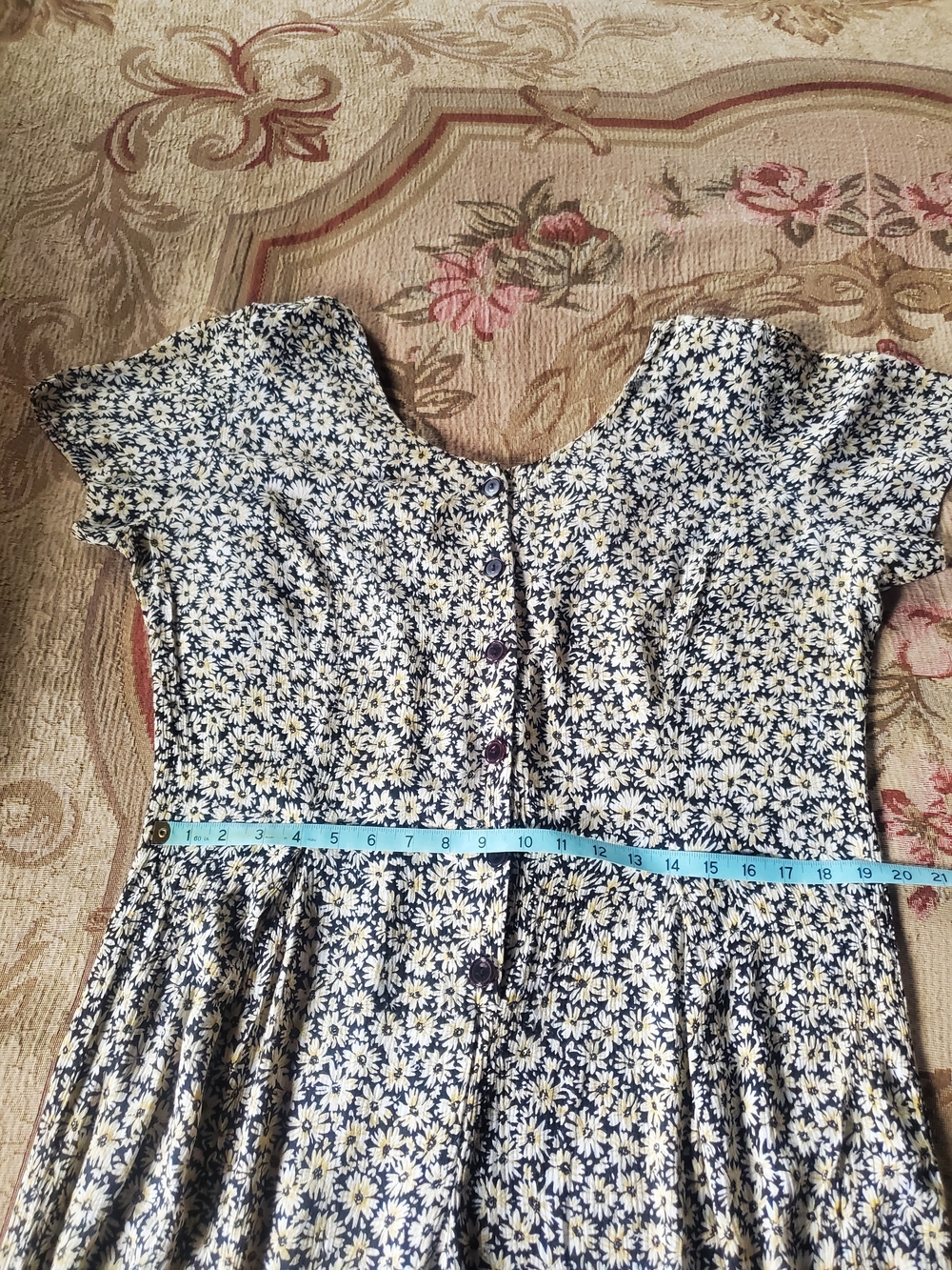 Vintage 90s Daisy Print Jumpsuit Wide Leg Palazzo Button Front Romper Navy - Picture 10 of 11